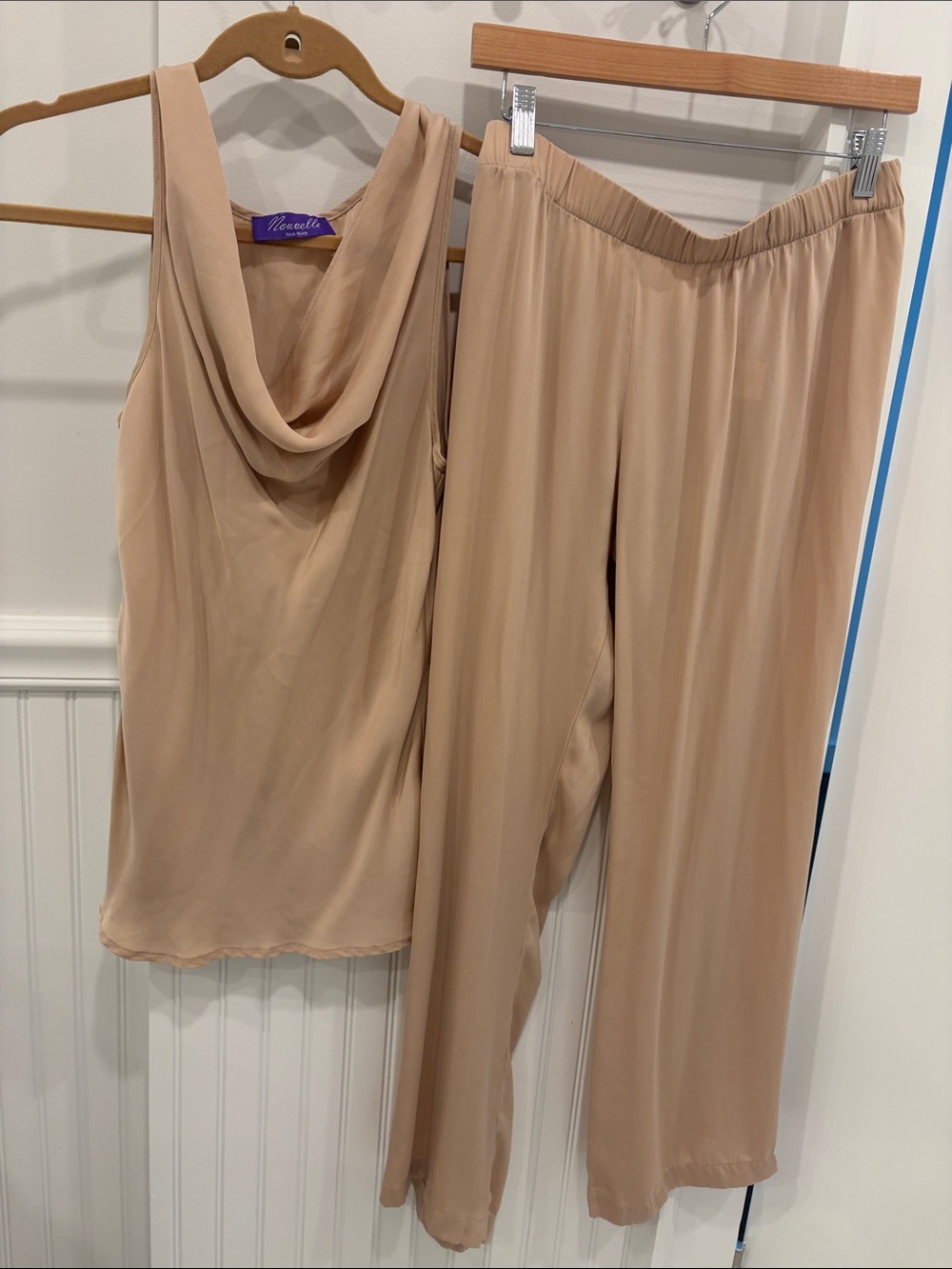 Silk Set Nude Beige Cowl Neck Tank with Wide-Leg Pants Set